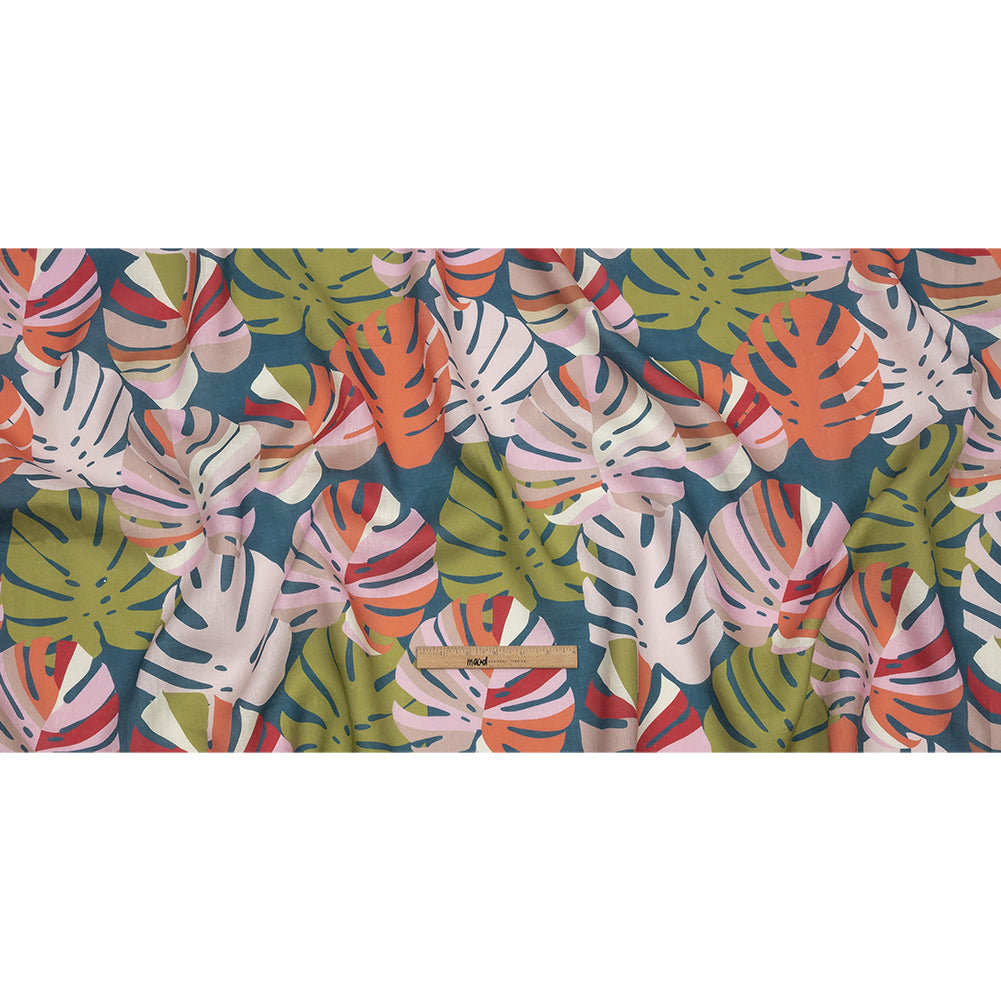 Blush, Lime and Indigo Palm Leaf Pop Medium Weight Linen Woven - Full