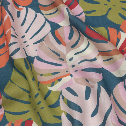 Blush, Lime and Indigo Palm Leaf Pop Medium Weight Linen Woven