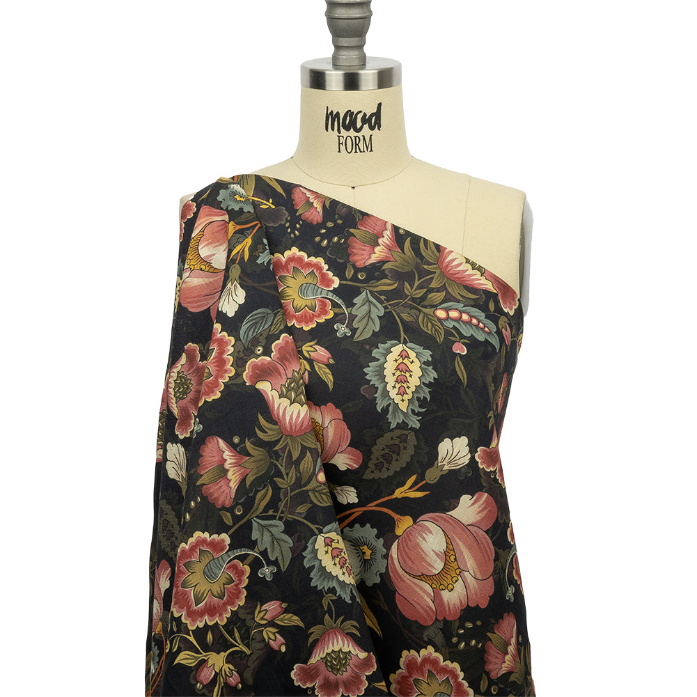 Blush, Olive and Black Traditional Floral Medium Weight Linen Woven - Drape