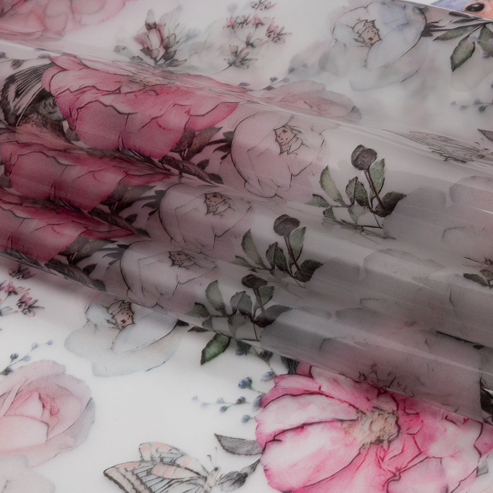 Pink, Blue and White Birds and Roses Lightweight Translucent Vinyl - Folded