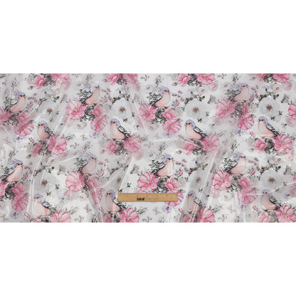Pink, Blue and White Birds and Roses Lightweight Translucent Vinyl