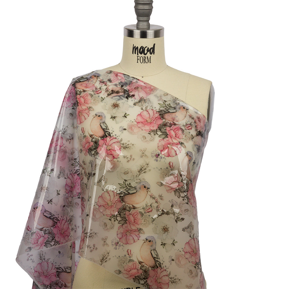 Pink, Blue and White Birds and Roses Lightweight Translucent Vinyl - Drape