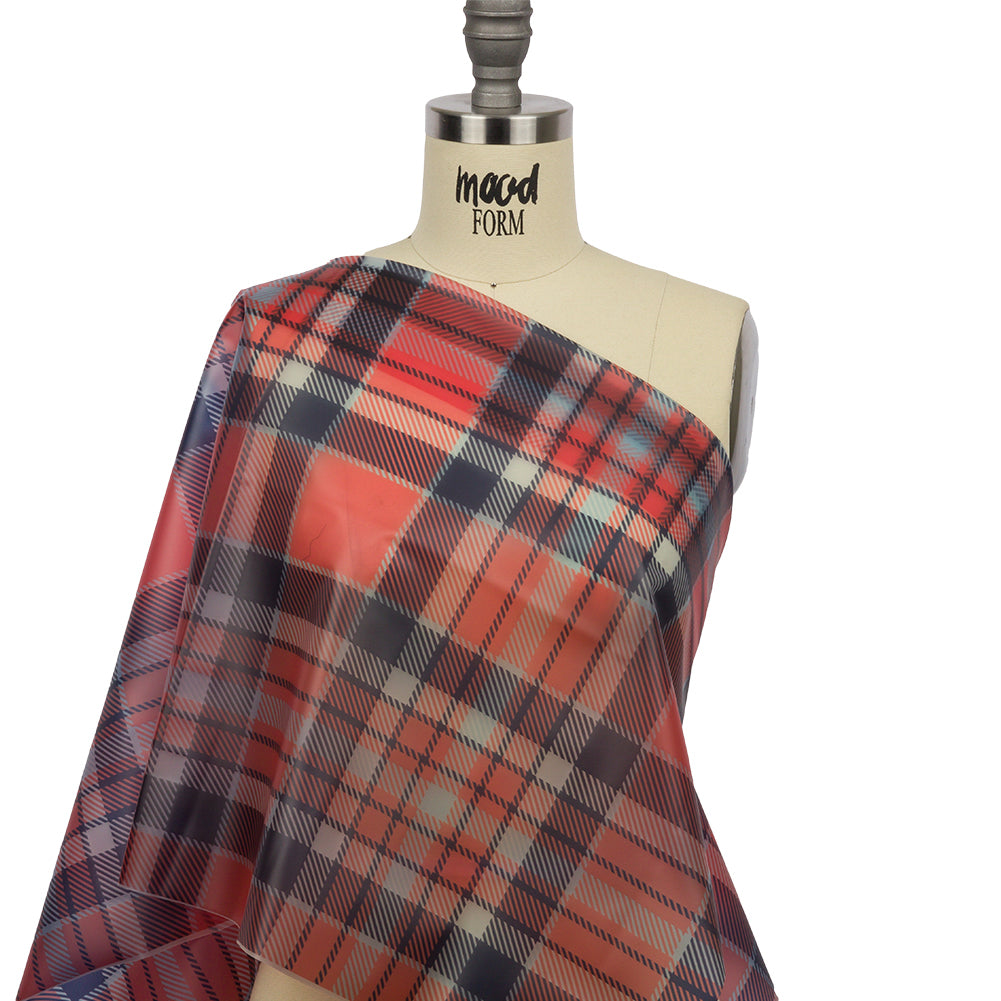 Red, Black and Baby Blue Plaid Lightweight Translucent Vinyl - Drape
