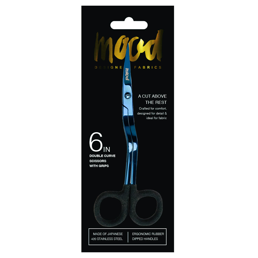 Mood Metallic Blue Double Curve Scissors with Matte Rubber Grips - 6" - Detail