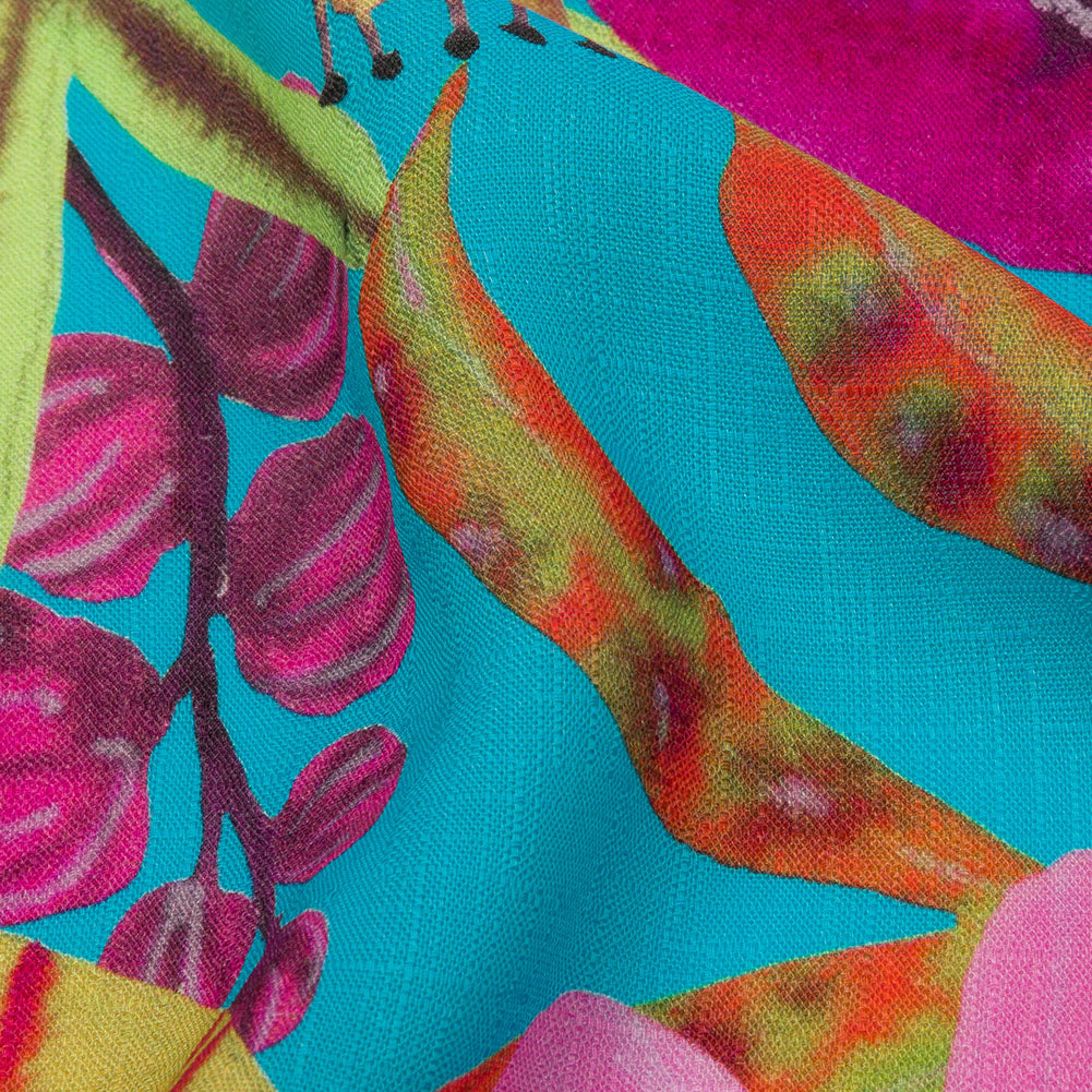 Slubbed Viscose Woven Print - Turquoise, Pink and Green Floral - Mood Exclusive Extraterrestrial Tropics - Detail