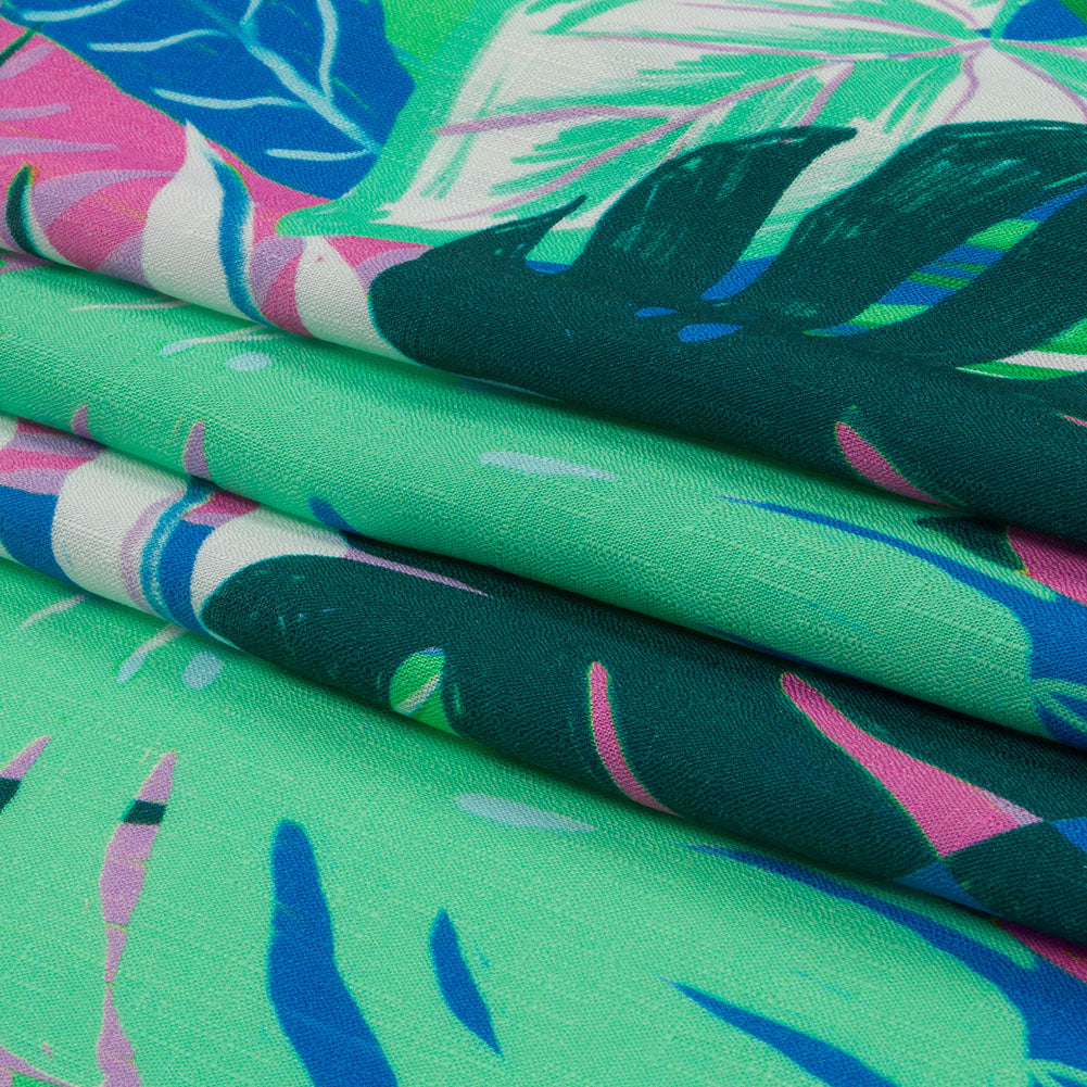 Slubbed Viscose Woven Print - Green and Blue Leaves - Mood Exclusive Tropical Tango - Folded