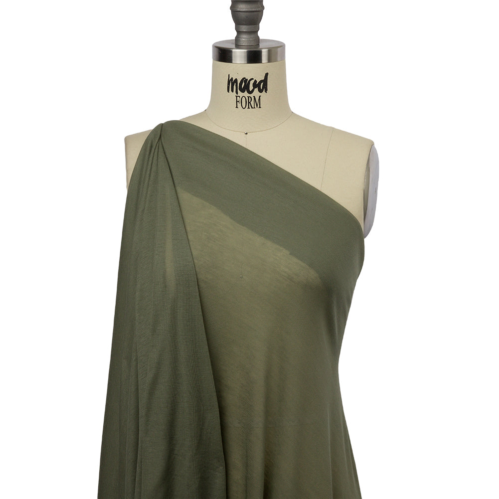Famous Designer Olive Viscose and Cotton Lightweight Interlock Knit Drape