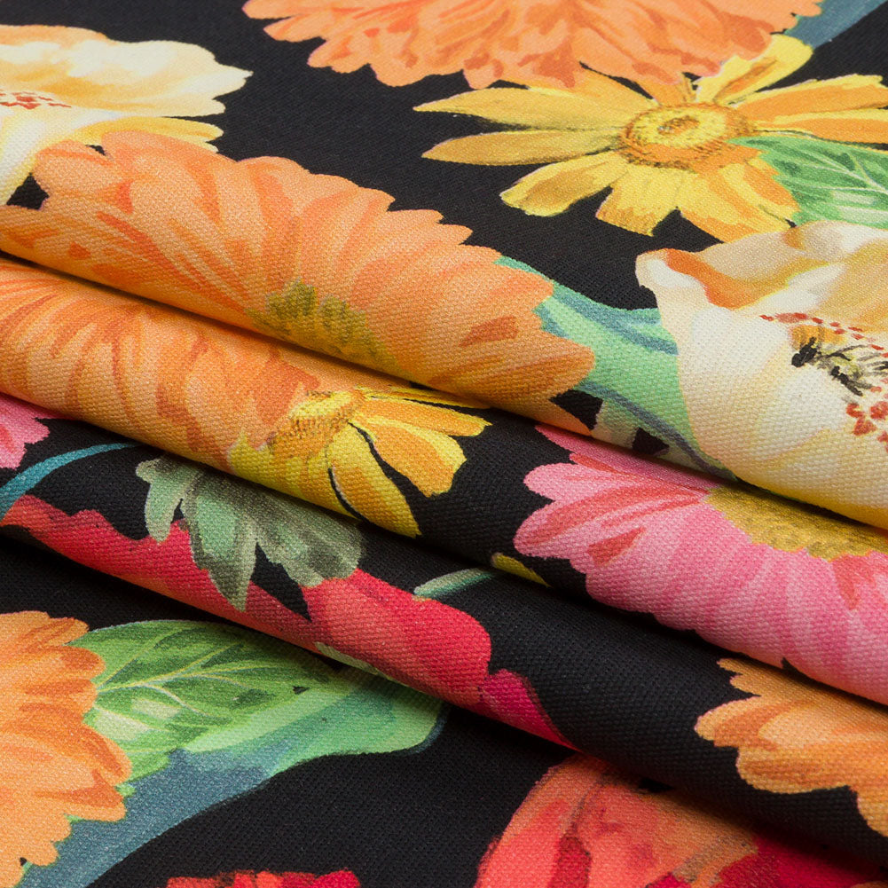 Stretch Cotton Canvas Print - Black, Pink and Orange Floral - Mood Exclusive Garden Glory Folded
