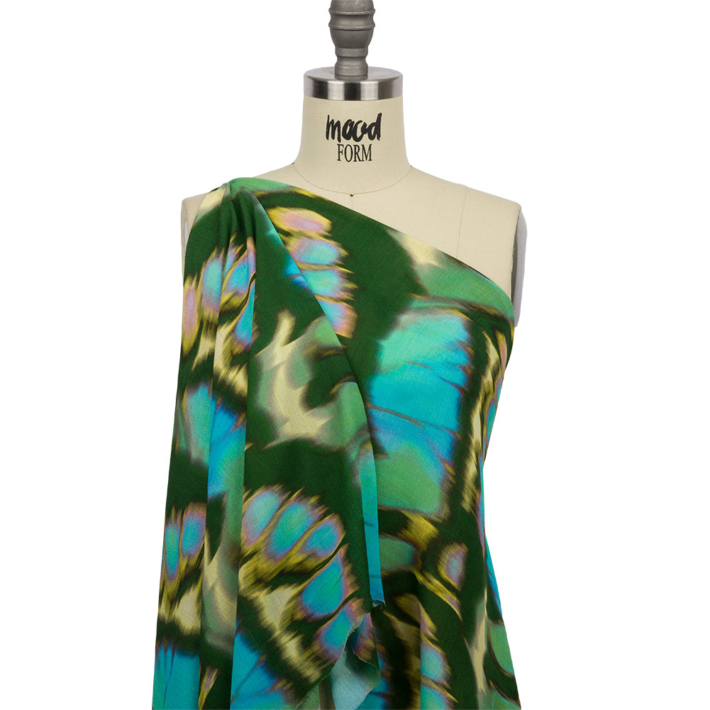 Gauzy Wrinkled Rayon Woven Print - Blue and Green Abstract - Mood Exclusive Butterfly Blur Detail