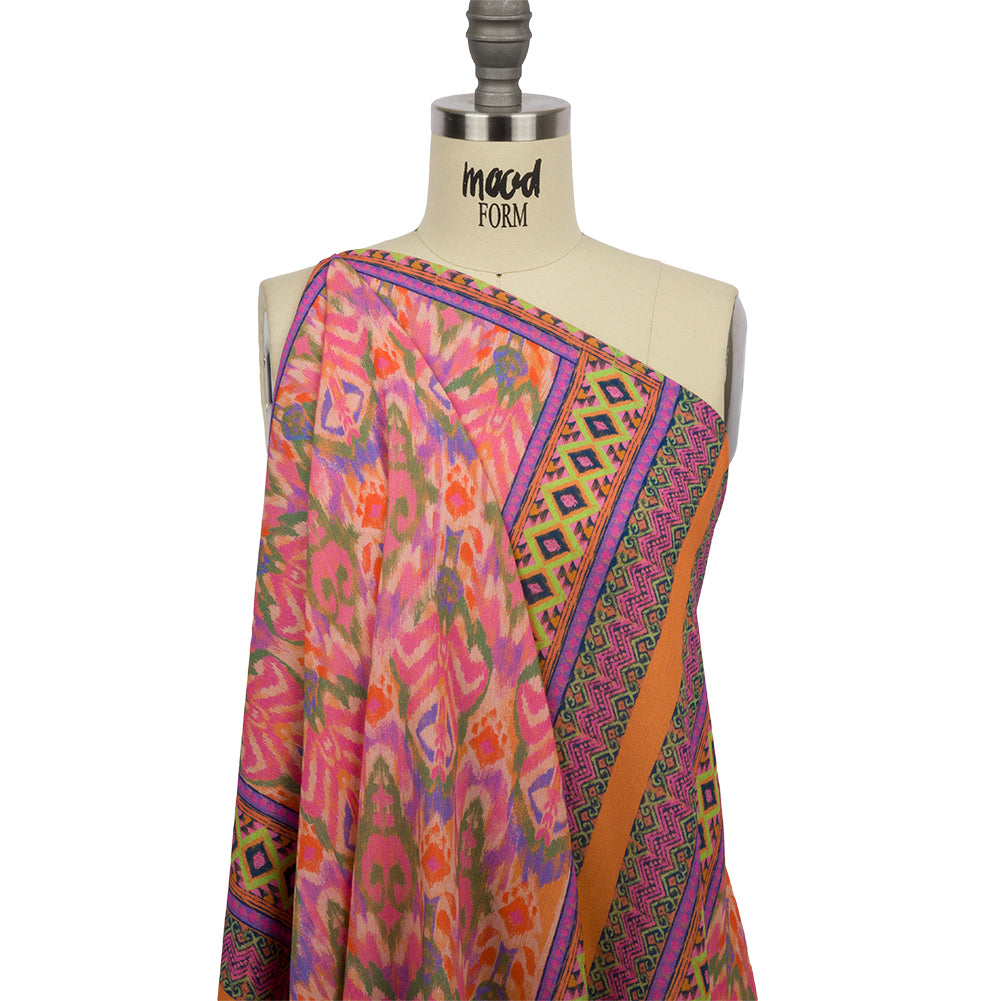 Gauzy Wrinkled Rayon Woven Panel Print - Pink and Purple Geometric Ikat - Mood Exclusive Sunny Square Detail