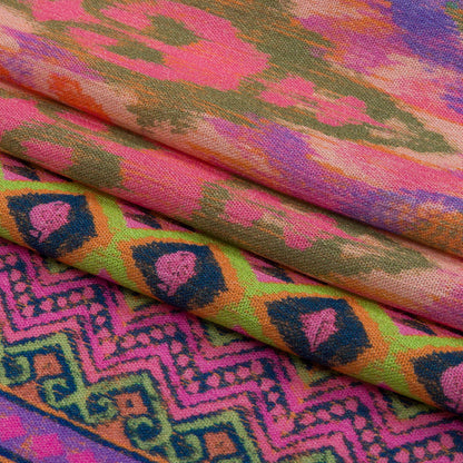 Gauzy Wrinkled Rayon Woven Panel Print - Pink and Purple Geometric Ikat - Mood Exclusive Sunny Square Full