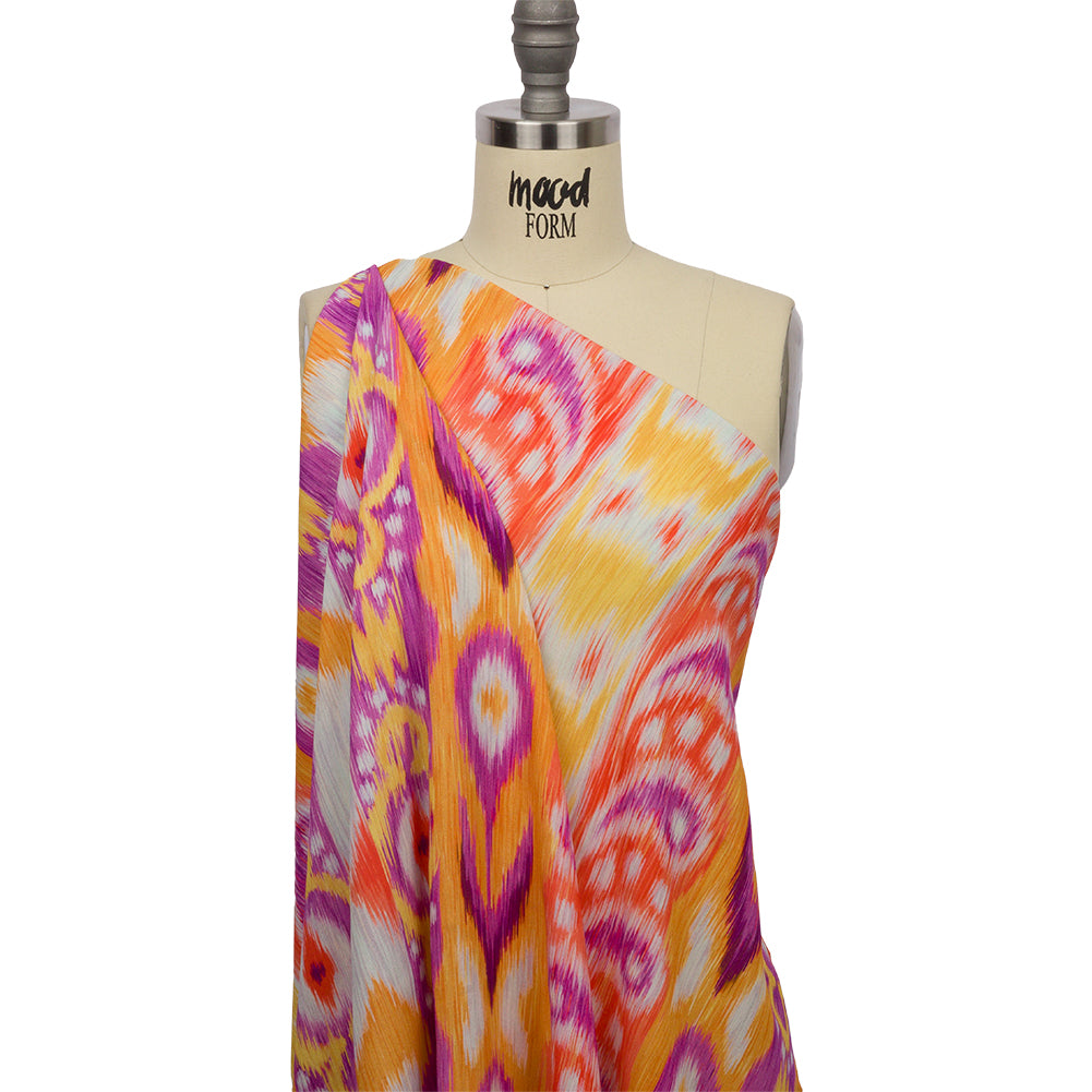 Gauzy Wrinkled Rayon Woven Print - Purple and Yellow Ikat Paisley Stripes - Mood Exclusive Feathered Psyche Detail