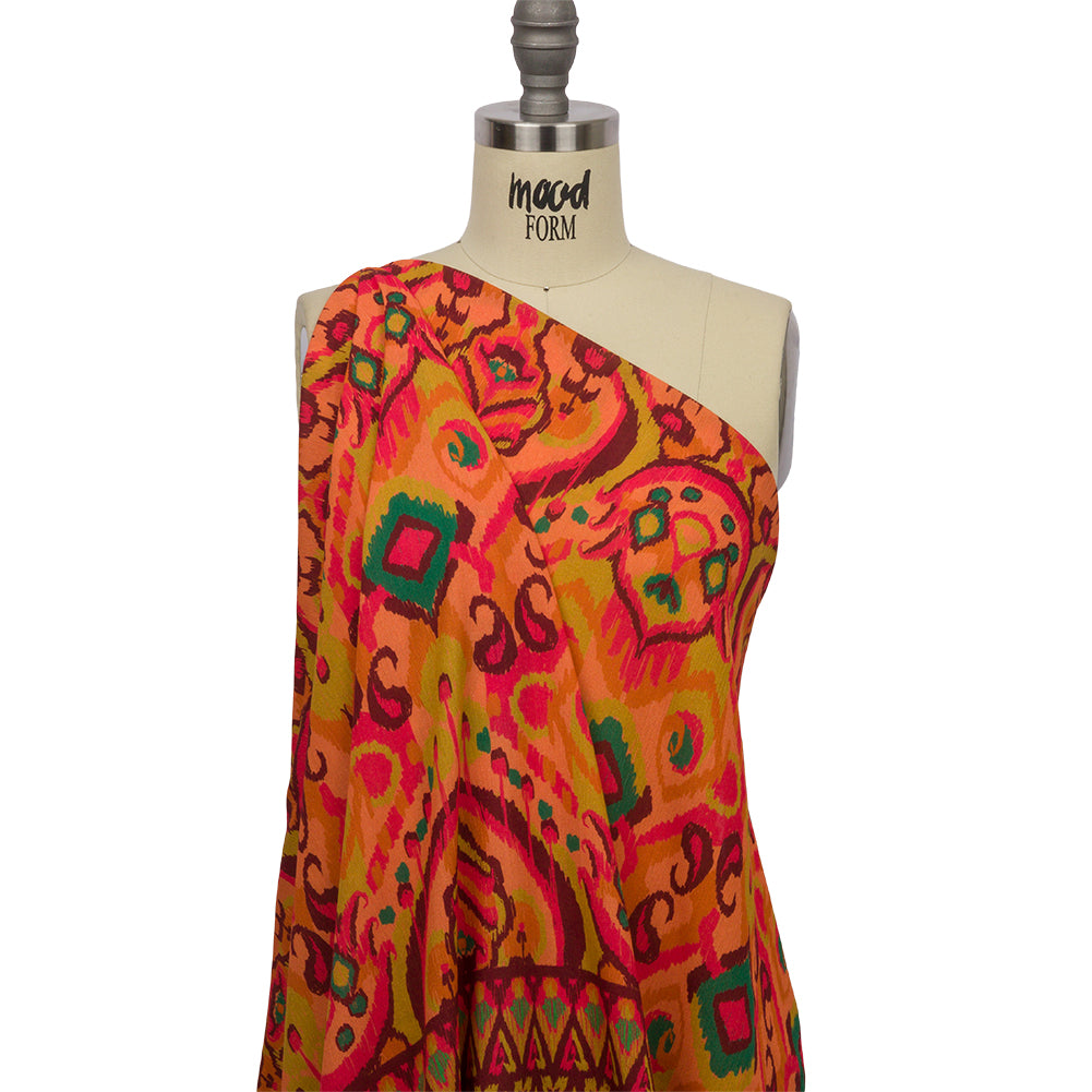 Gauzy Wrinkled Rayon Woven Print - Orange and Red Abstract Ikat - Mood Exclusive Mangrove Groove Detail