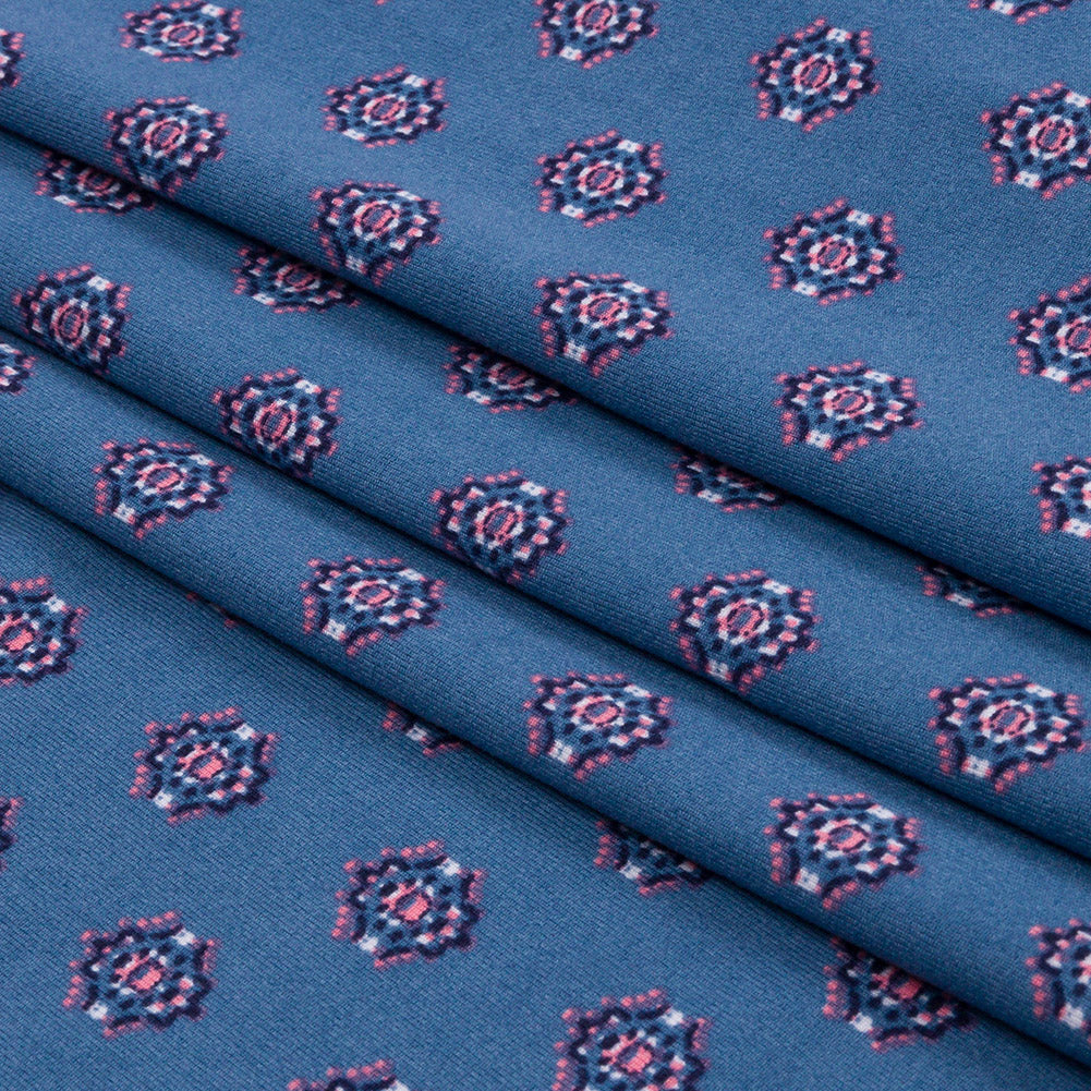 Blue and Pink LIttle Medallions Stretch Polyester ITY Knit Folded