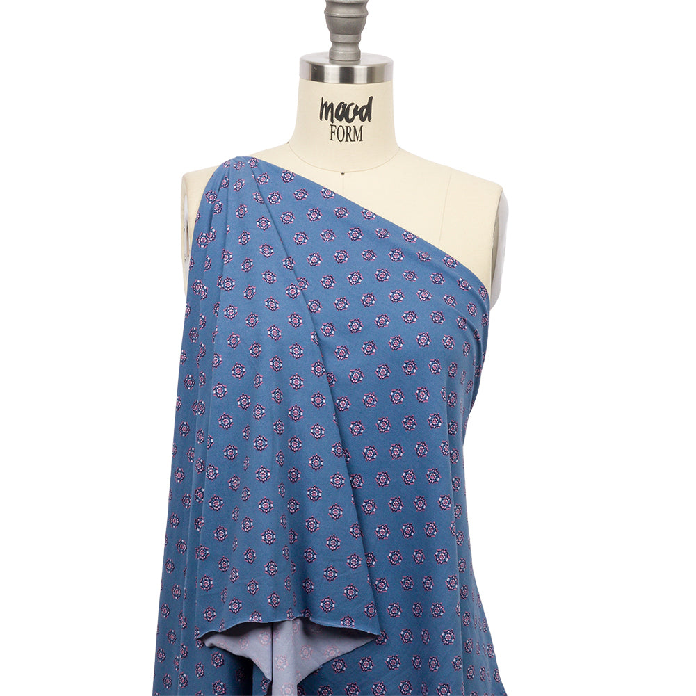 Blue and Pink LIttle Medallions Stretch Polyester ITY Knit Drape