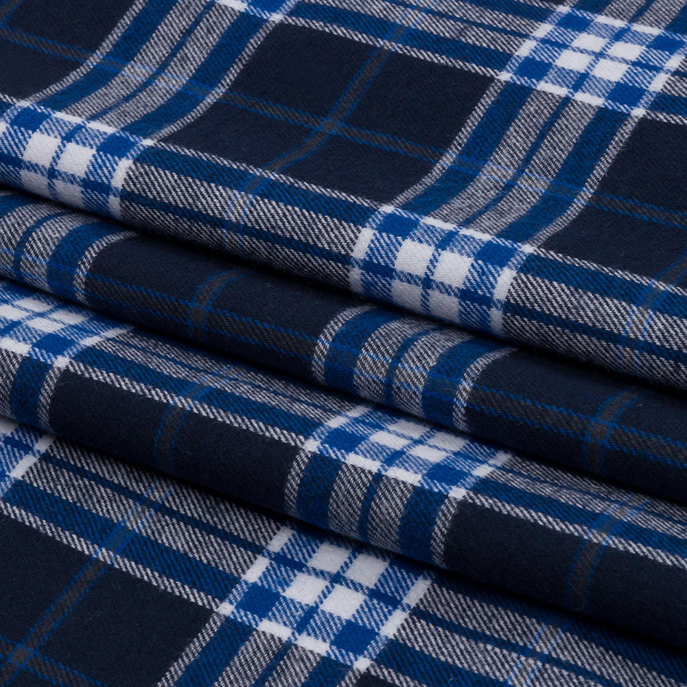 Navy, Cobalt, and White Plaid Cotton Flannel - Folded