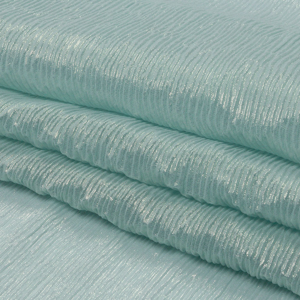 Polyester Chiffon Plisse with All-Over Foil - Baby Blue and Gold - Honey Collection - Folded