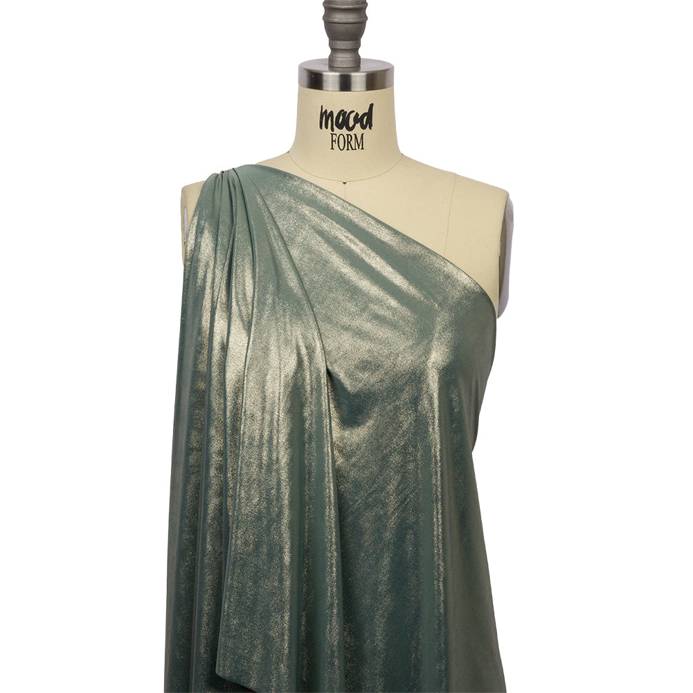Polyester Interlock Knit with Gold Foiling - Sagebrush Green - Oriana Collection - Drape