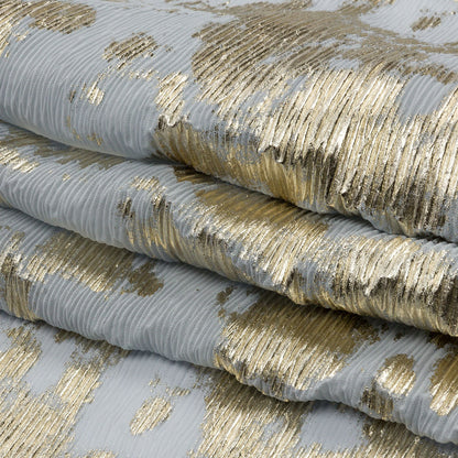 Polyester Chiffon Plisse with Abstract Gold Foiling - Silver-Gray - Aralia Collection