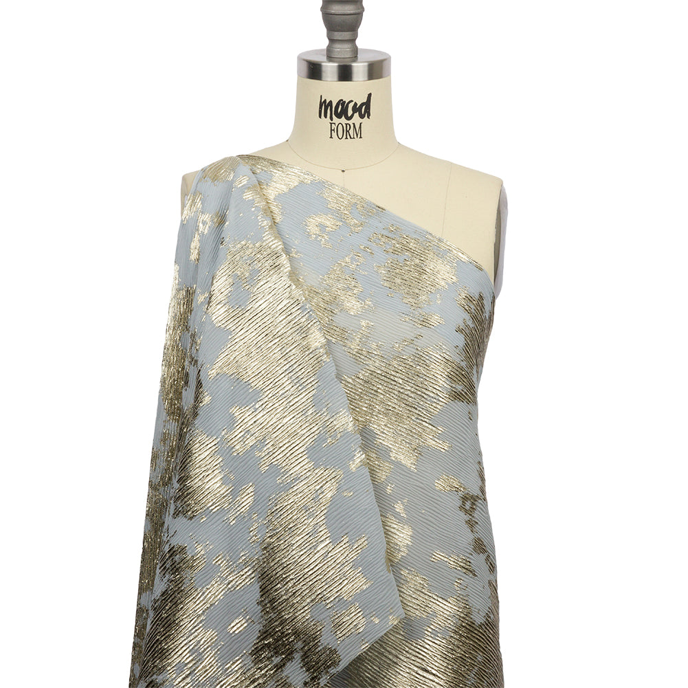 Polyester Chiffon Plisse with Abstract Gold Foiling - Silver-Gray - Aralia Collection - Drape