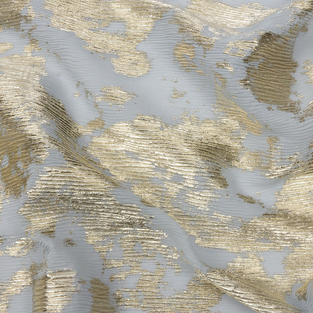 Polyester Chiffon Plisse with Abstract Gold Foiling - Silver-Gray - Aralia Collection