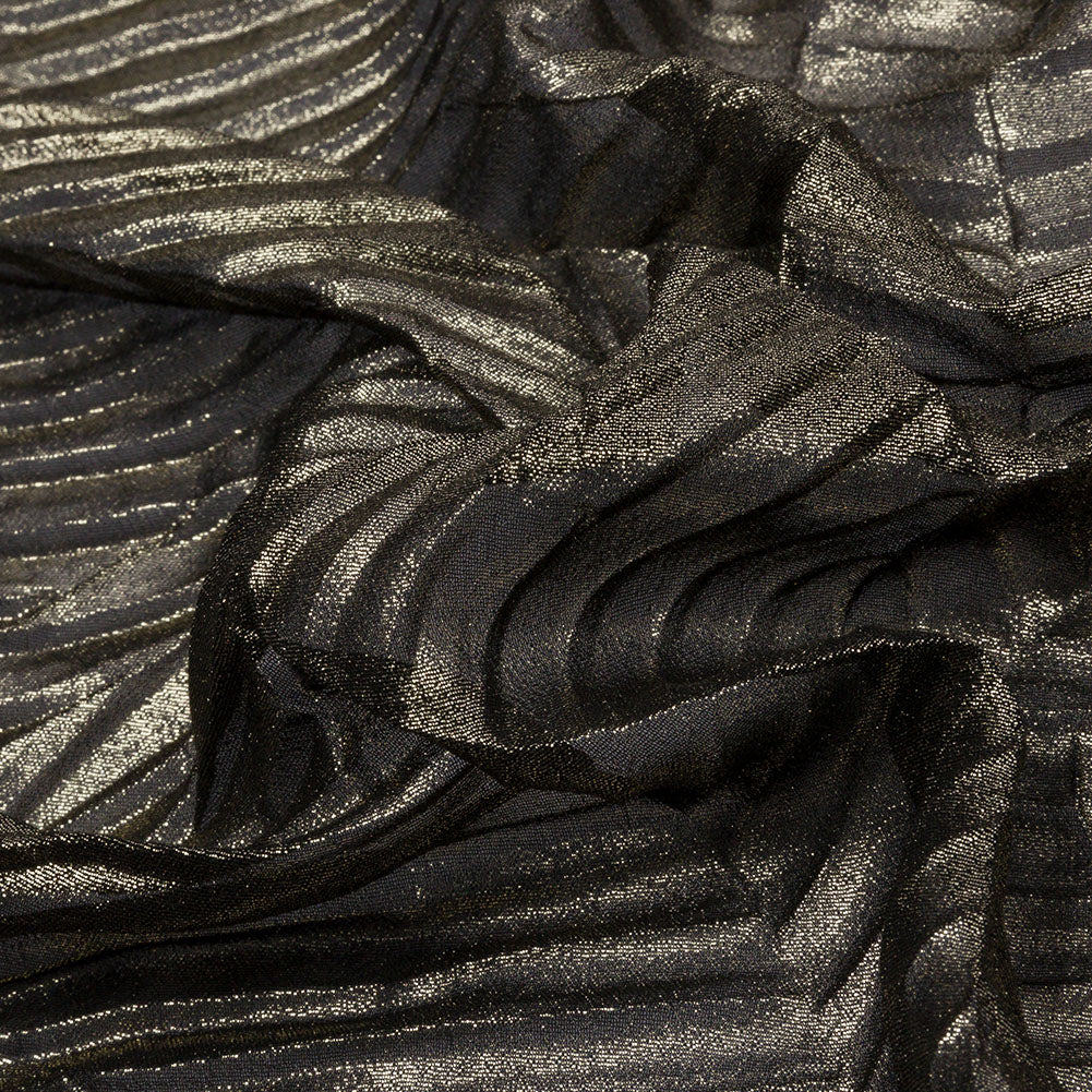Polyester Chiffon with Abstract Pleats and Gold Foil - Black - Melia Collection - Detail