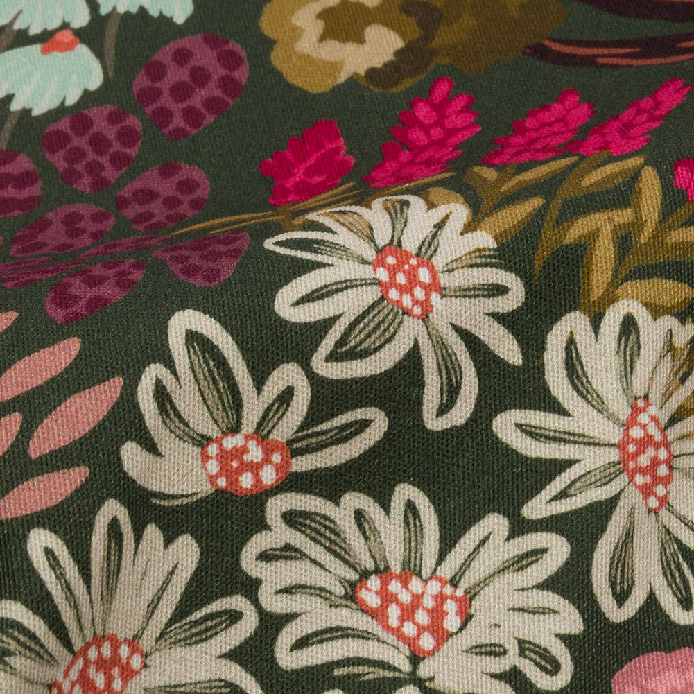 Stretch Cotton Twill Print - Red and Green Mushrooms and Flowers - Mood Exclusive Woodland Escape Detail