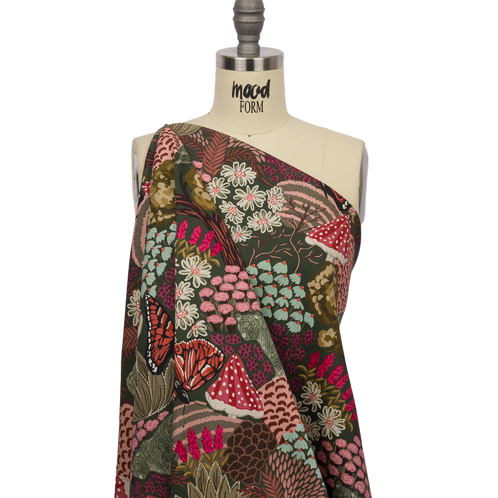Stretch Cotton Twill Print - Red and Green Mushrooms and Flowers - Mood Exclusive Woodland Escape Drape
