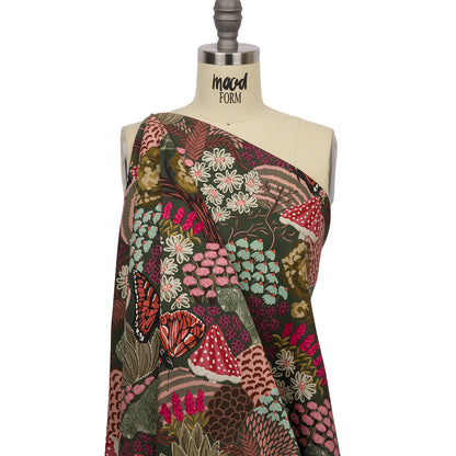Stretch Cotton Twill Print - Red and Green Mushrooms and Flowers - Mood Exclusive Woodland Escape Drape