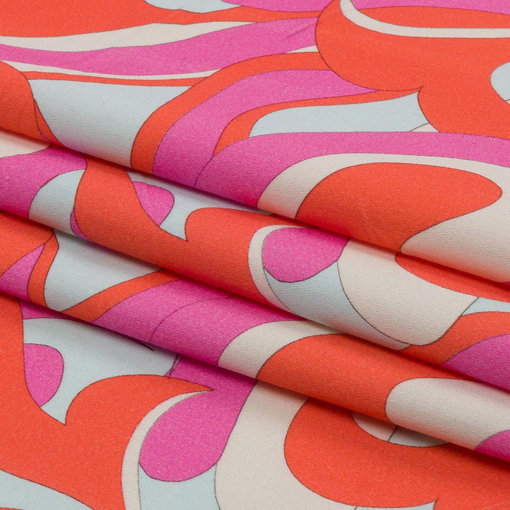 Stretch Cotton Sateen - Hot Pink and Orange Abstract - Wave Hello Print - Mood Exclusive Groove Collection Folded