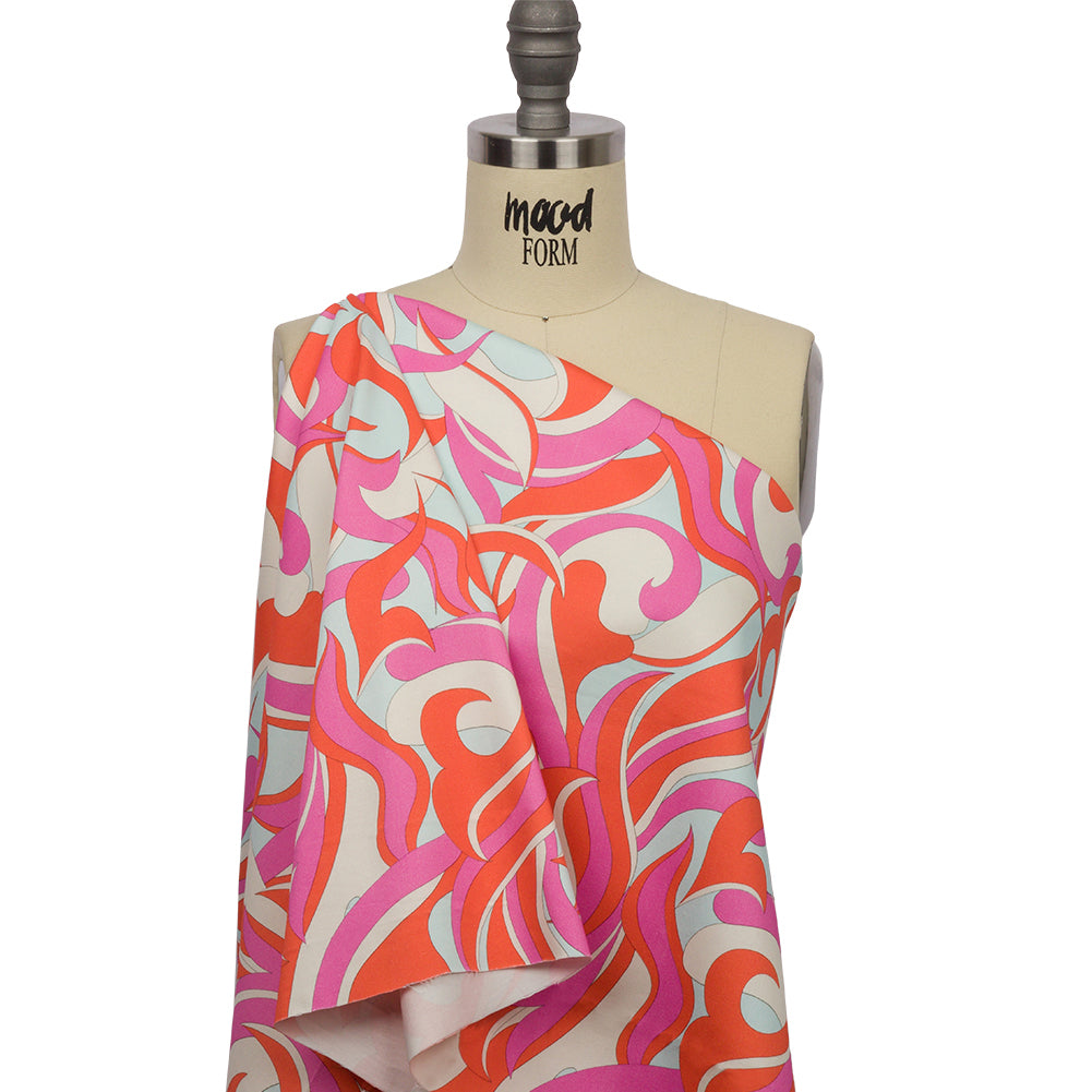 Stretch Cotton Sateen - Hot Pink and Orange Abstract - Wave Hello Print - Mood Exclusive Groove Collection Drape