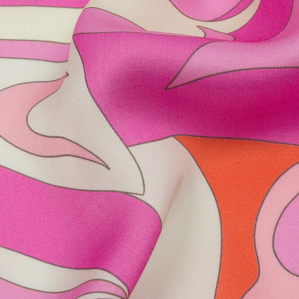 Sustainable and Recycled Viscose Satin Print - Hot Pink, Red-Orange and White Abstract - Mood Exclusive Free Falling Detail