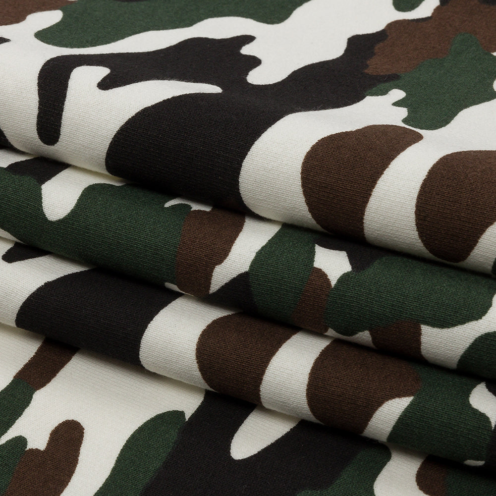 Green, Brown, and White Camouflage Cotton Brushed French Terry Folded