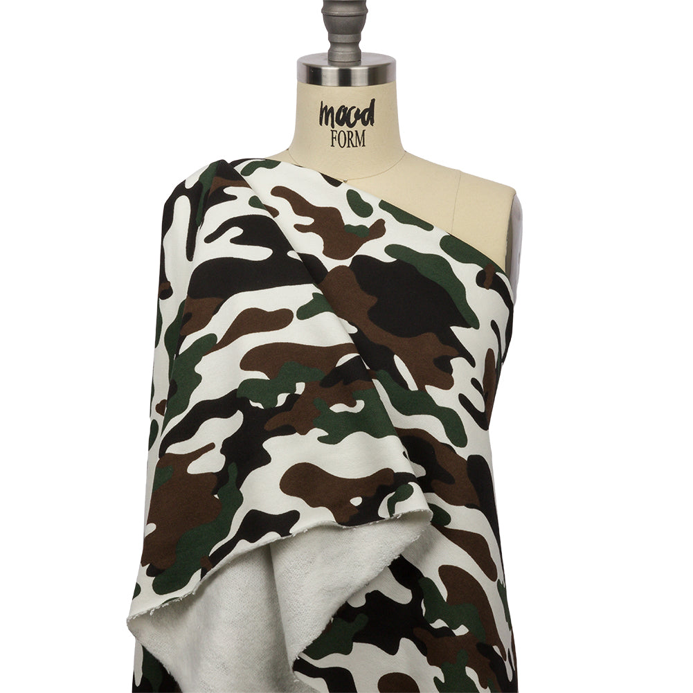 Green, Brown, and White Camouflage Cotton Brushed French Terry Drape