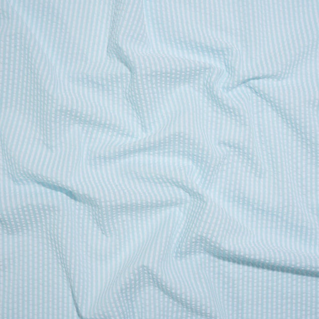 Polyester and Cotton Seersucker - Aegean Blue and White Candy Stripes - Wylie Collection
