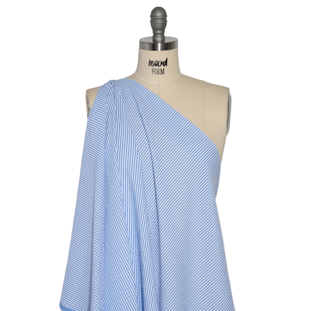 Polyester and Cotton Seersucker - Country Blue and White Candy Stripes - Wylie Collection - Drape