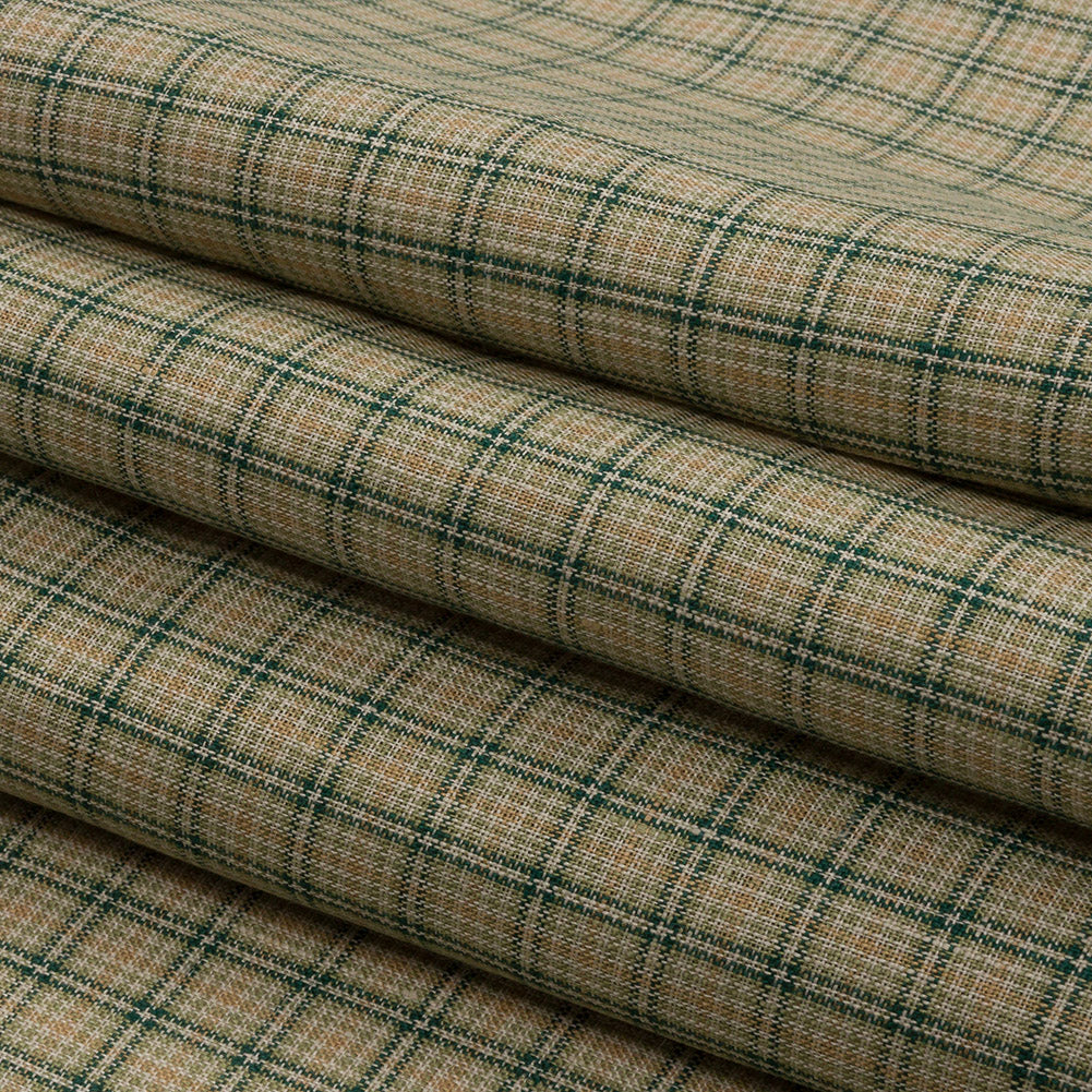 Green and Beige Checked Lightweight Linen Woven - Folded