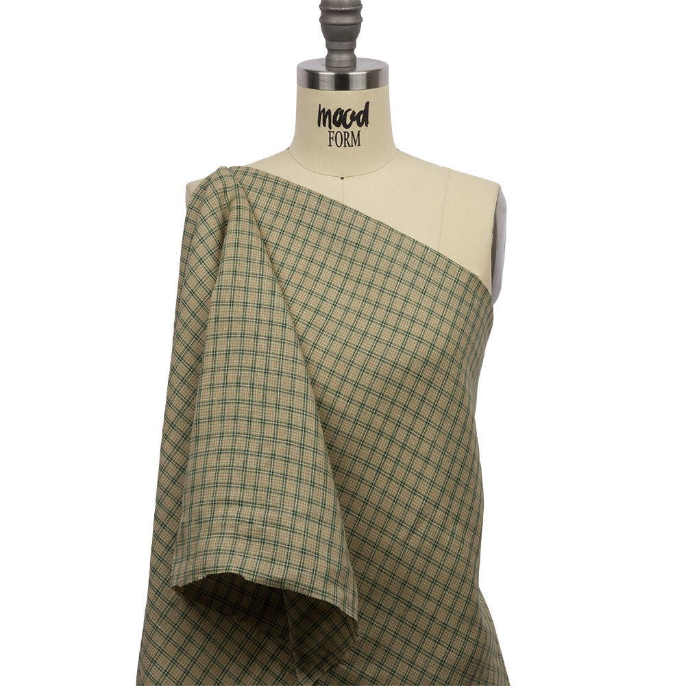 Green and Beige Checked Lightweight Linen Woven - Drape