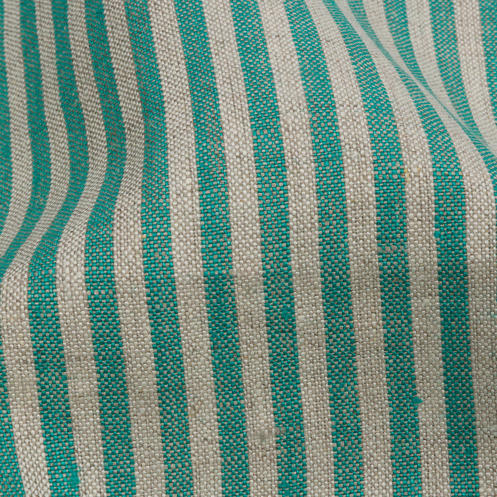 Turquoise and Oatmeal Striped Medium Weight Linen Woven - Detail