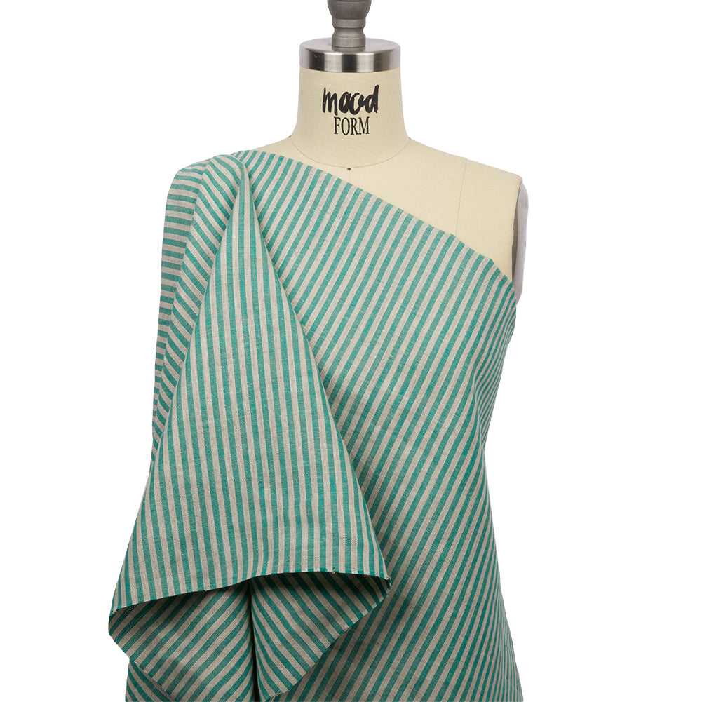 Turquoise and Oatmeal Striped Medium Weight Linen Woven - Drape