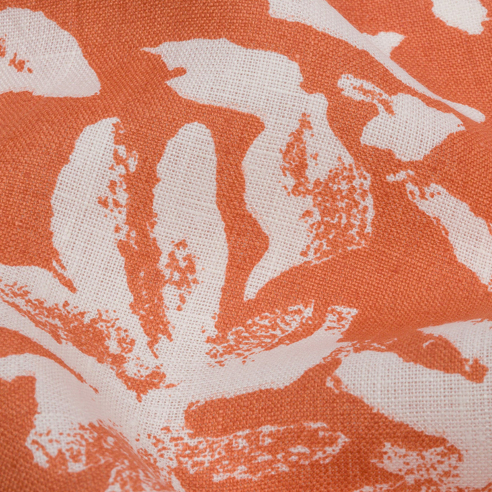 Deep Coral and White Leaf Impressions Lightweight Linen Woven - Detail