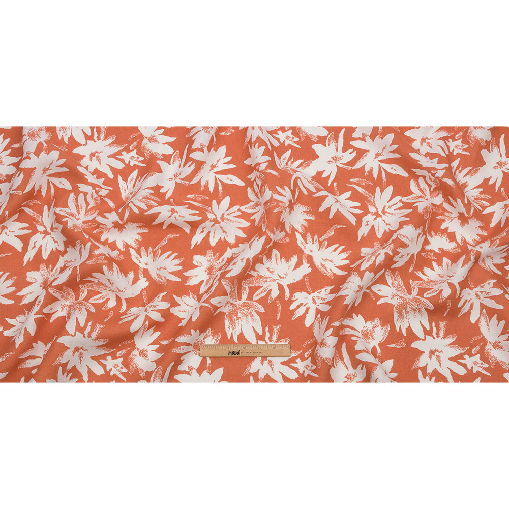Deep Coral and White Leaf Impressions Lightweight Linen Woven - Full
