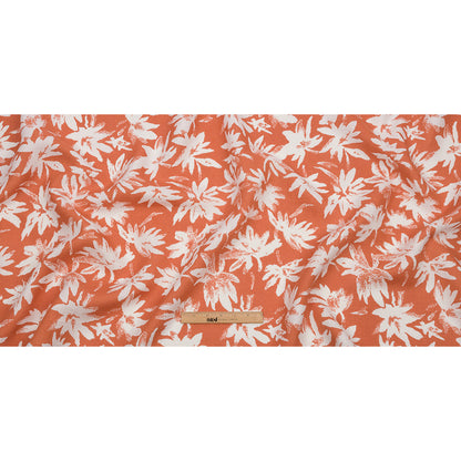 Deep Coral and White Leaf Impressions Lightweight Linen Woven