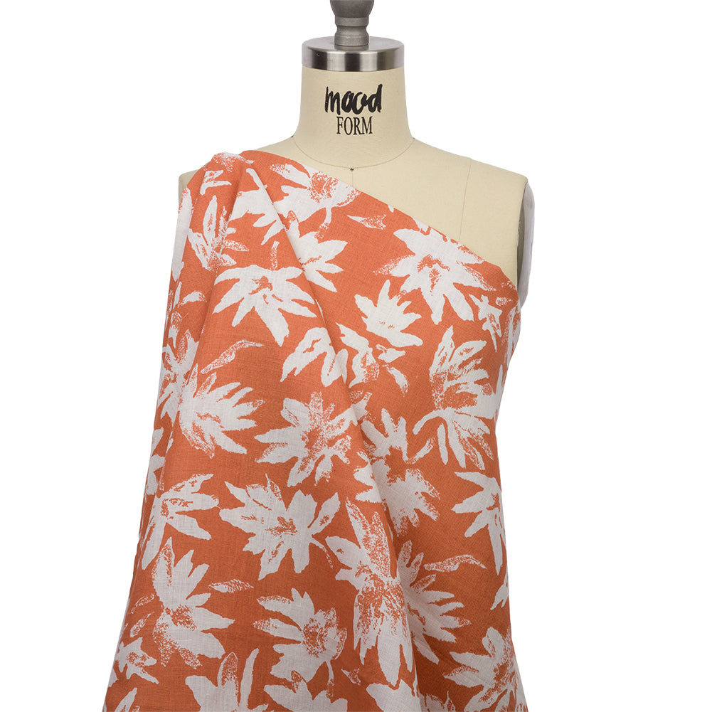 Deep Coral and White Leaf Impressions Lightweight Linen Woven - Drape