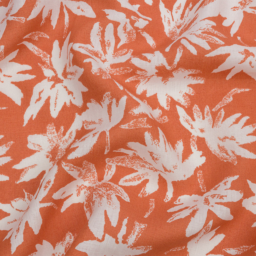 Deep Coral and White Leaf Impressions Lightweight Linen Woven