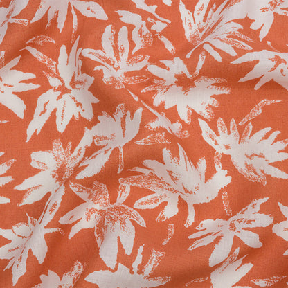 Deep Coral and White Leaf Impressions Lightweight Linen Woven