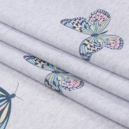 Heathered Gray, Pink and Blue Butterflies Recycled Polyester Interlock Knit Folded