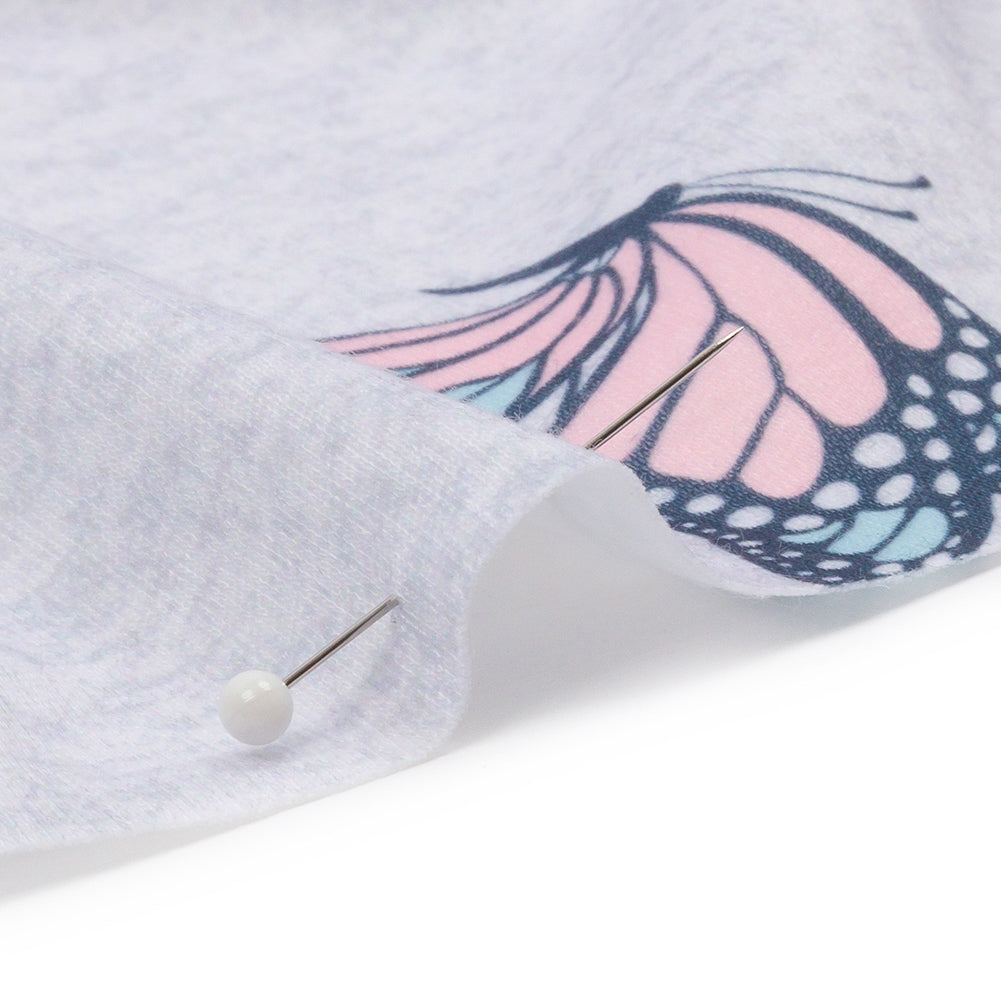 Heathered Gray, Pink and Blue Butterflies Recycled Polyester Interlock Knit Detail