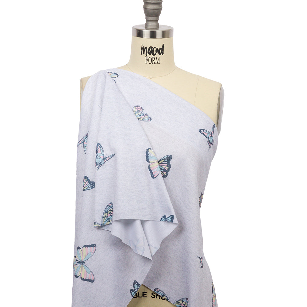 Heathered Gray, Pink and Blue Butterflies Recycled Polyester Interlock Knit Drape