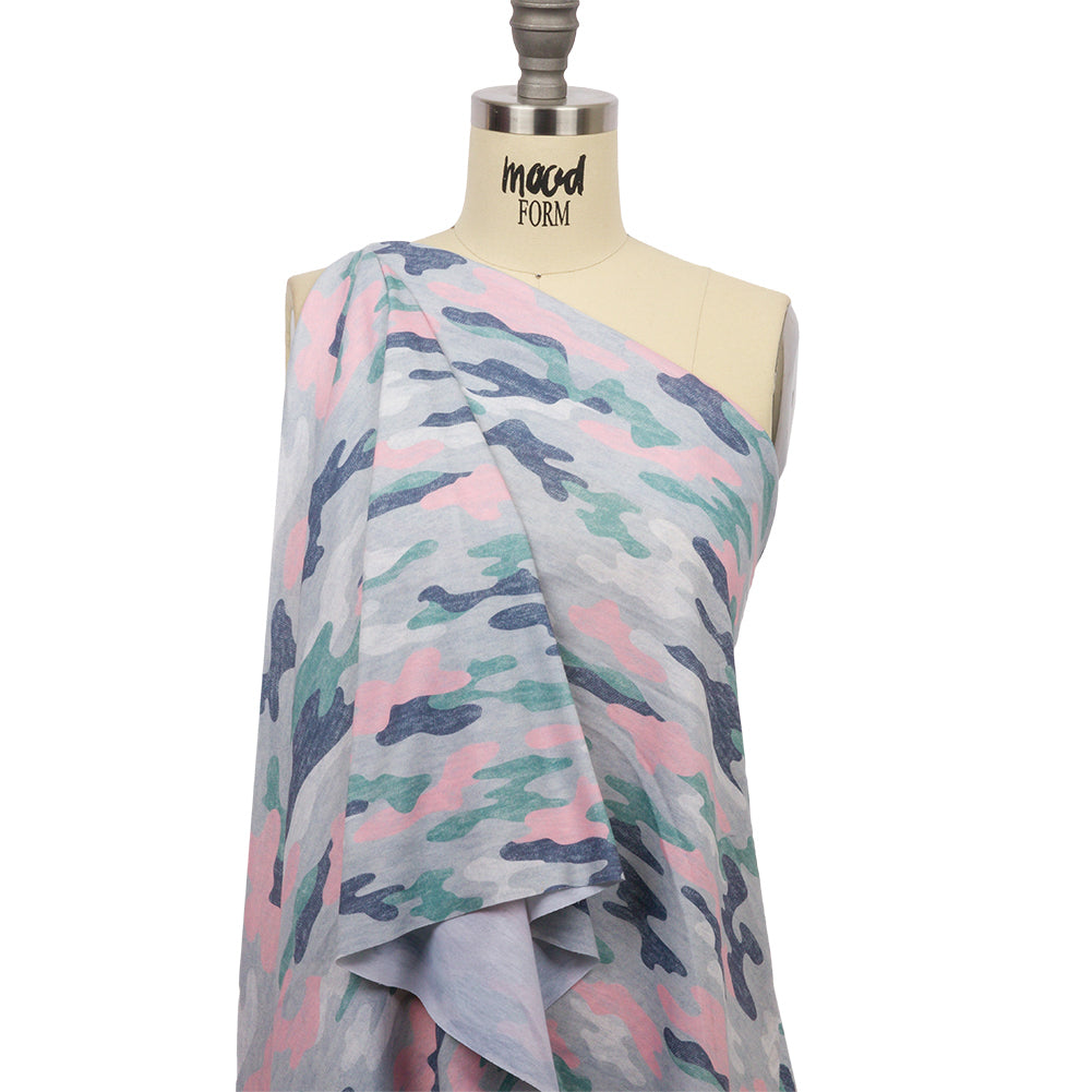 Gray, Green and Pink Camouflage Recycled Polyester Interlock Knit Drape